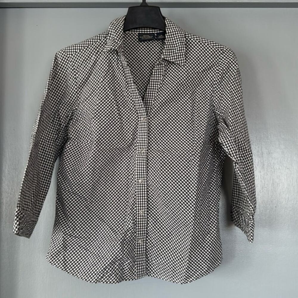 Vtg Sonoma Women Black White Bias Check Snap Button Top 3/4 Sleeves V Neck sz M